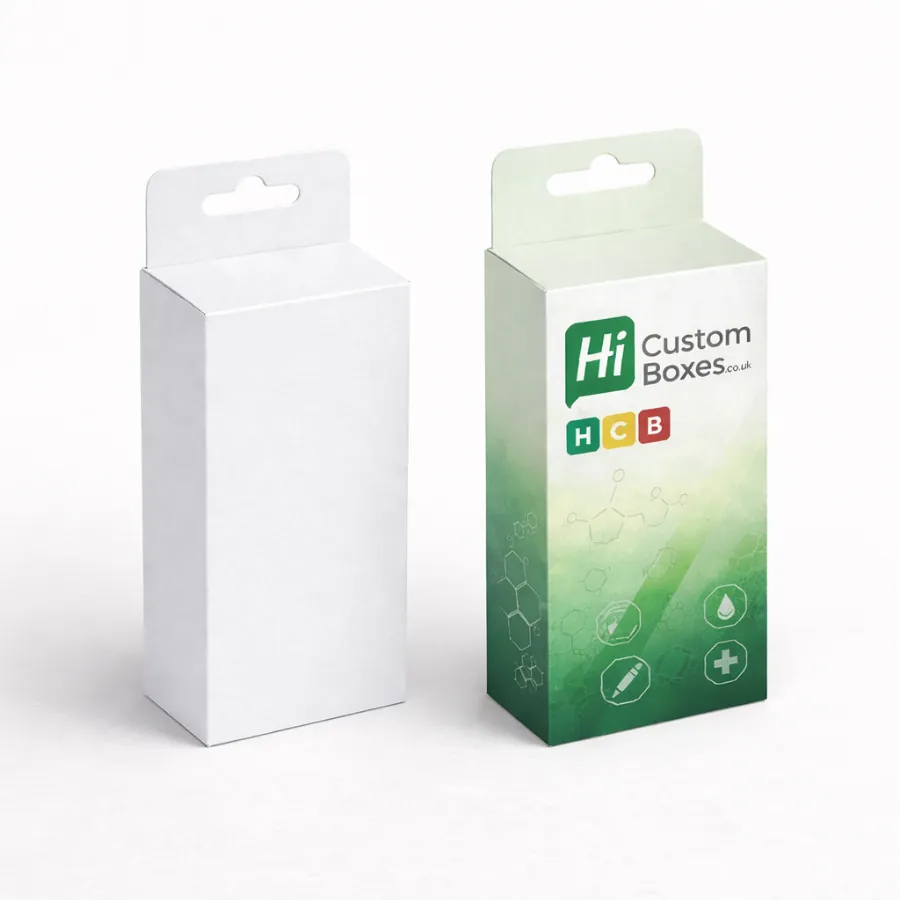 Two hanging boxes with tabs- one plain white and one with green -Hi Custom Boxes- branding- class=